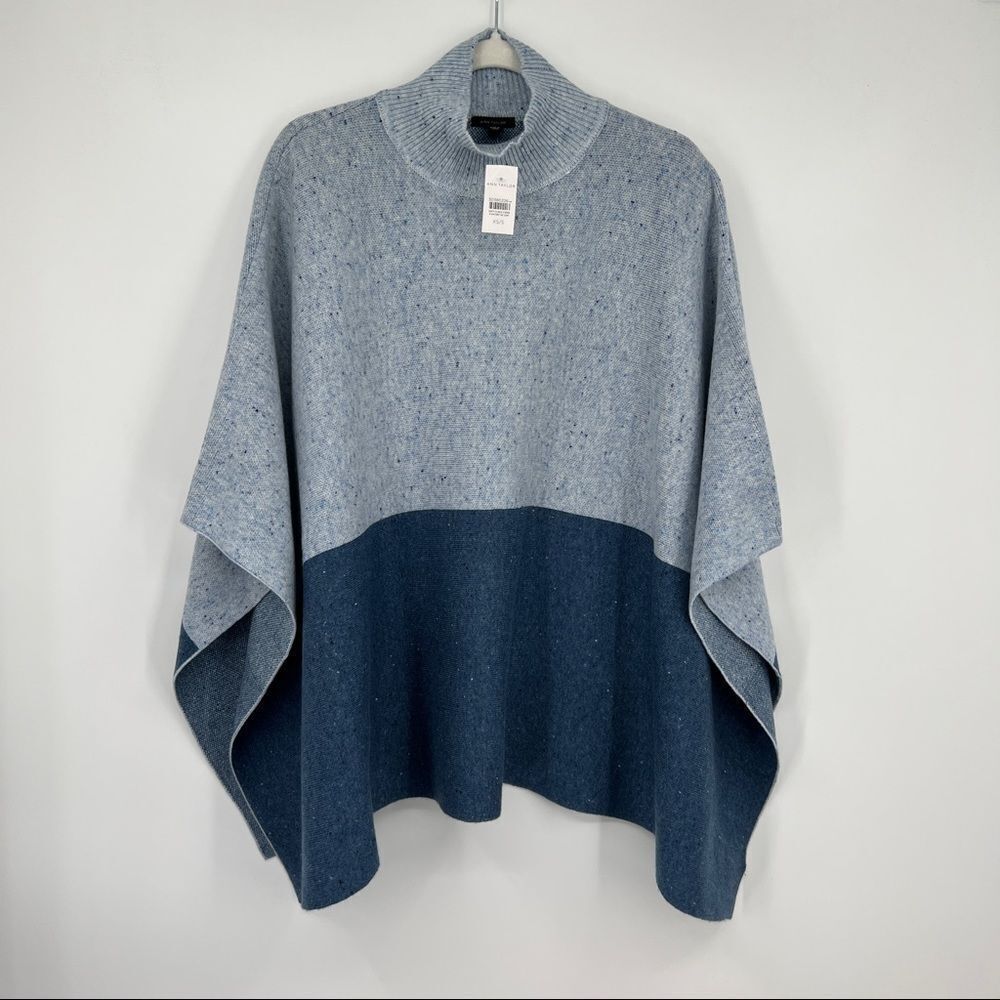 NEW ANN TAYLOR Blue Speckled Knit Mockneck Cape Poncho In Dark Navy - Picture 2 of 10